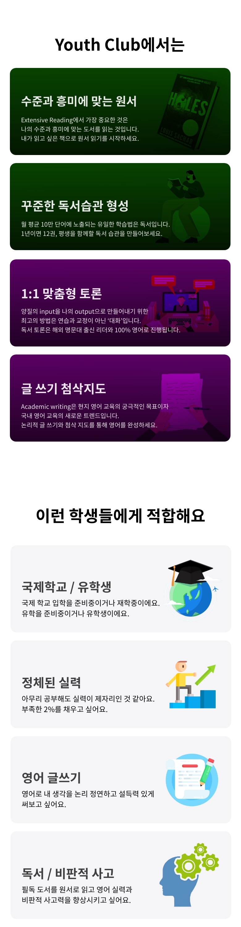 Youth Club에서는 수준과 흥미에 맞는 원서 선택, 꾸준한 독서습관 형성, 1:1 맞춤형 토론, 글쓰기 첨삭지도를 제공합니다. 국제학교와 유학생, 실력이 정체된 학생, 영어 글쓰기와 비판적 사고를 기르고 싶은 학생에게 적합합니다
